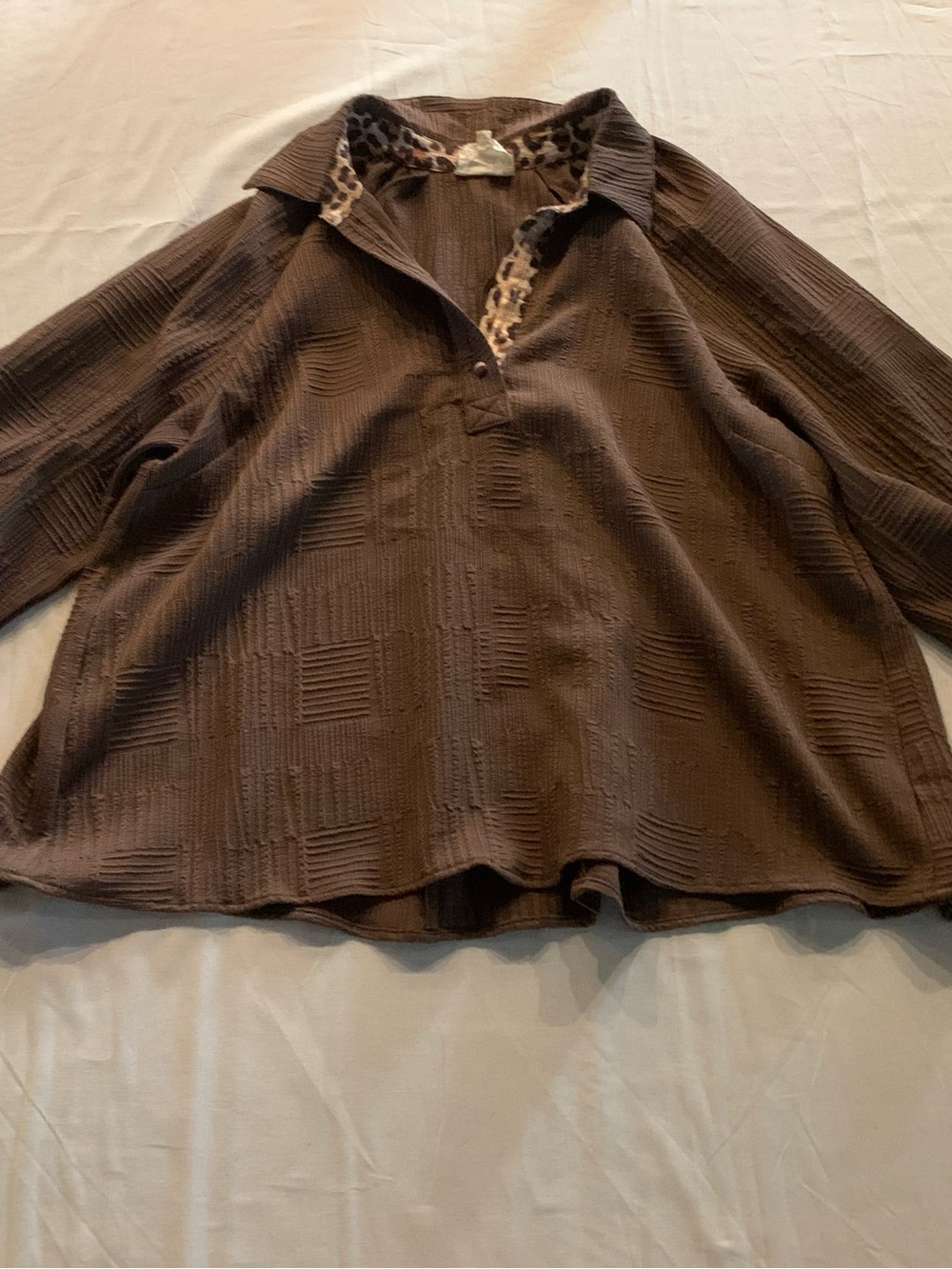 Umgee Brown Long Sleeve Textured Pullover with Leopard Trim
